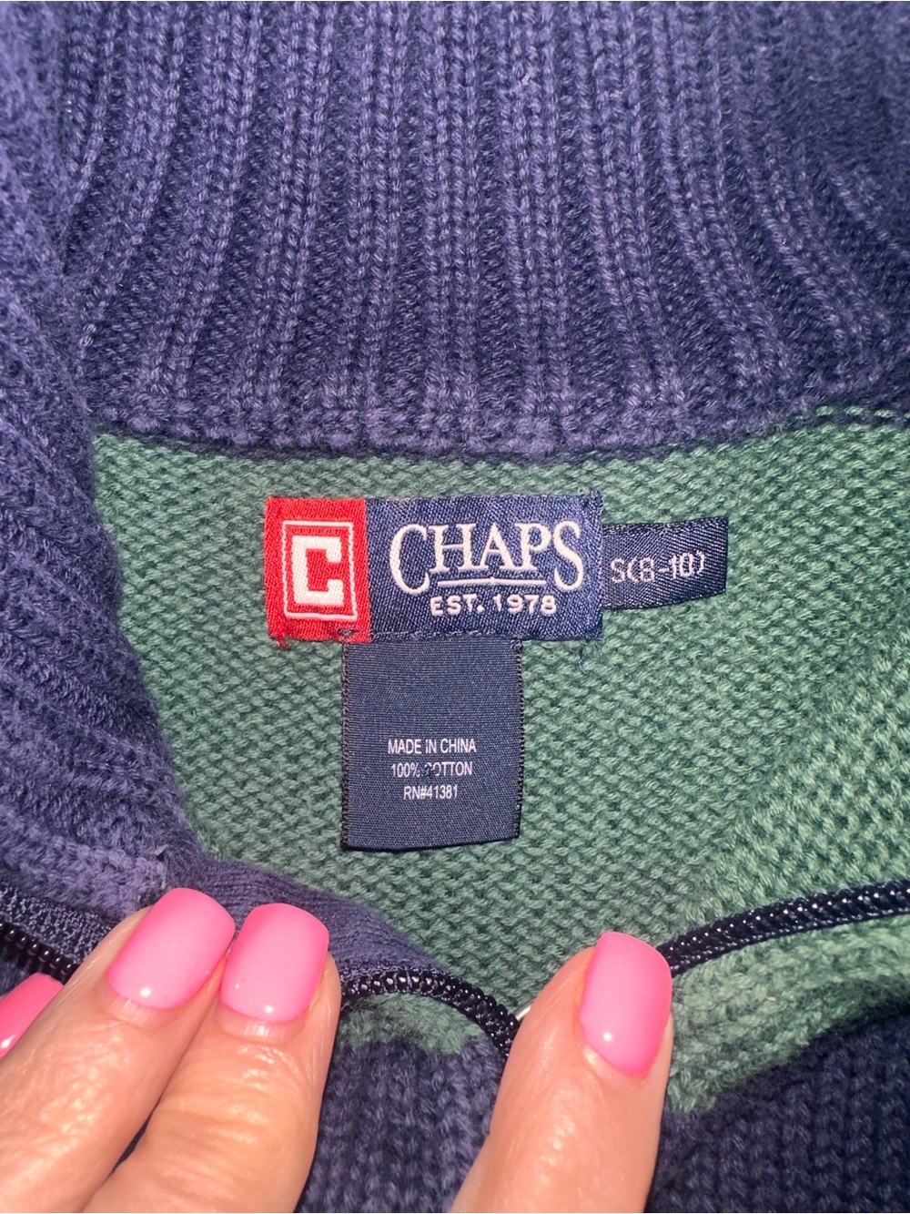 Chaps Navy Sweater with Green Interior and Pink Accent
